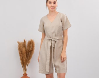 Linen Wrap Playsuit, Short Sleeve Jumpsuit