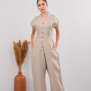 Linen Maxi Jumpsuit Dress, Bohemian Oversized Jumpsuit, Women Summer Linen Jumpsuit, Plus Size Linen Jumpsuit