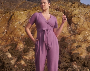 Organic Linen Wrap Jumpsuit, Shawl Collar, Short Sleeve Romper