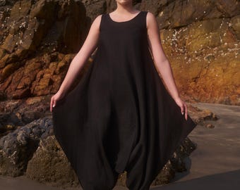 Black Linen Harem Jumpsuit, Sleeveless Wide Leg Overalls, Plus Size
