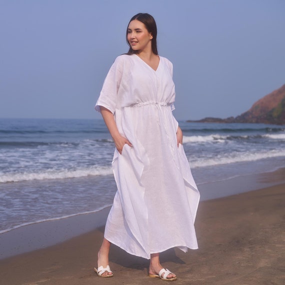 White Linen Kaftan Dress with Waist Tie, Plus Size Boho Maxi Dress White Linen Kaftan Dress with Waist Tie, Plus Size Boho Maxi Dress
