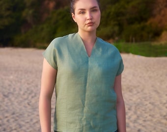 Bio Leinen Top | Kurzarm V-Ausschnitt Bluse