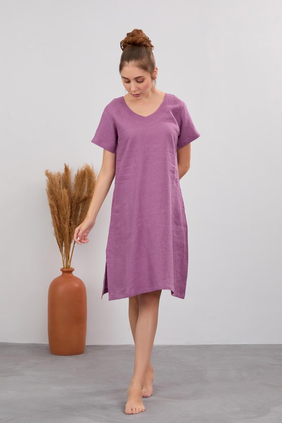 Linen Midi Tunic Dress, Short Sleeve V-neck, Side Slits - Etsy Linen Midi Tunic Dress, Short Sleeve V-neck, Side Slits - Etsy