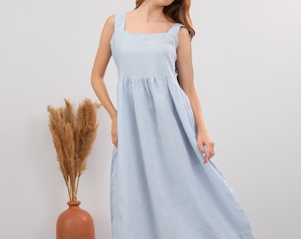 Organic Linen Pinafore Dress - Sleeveless Midi Summer Dress