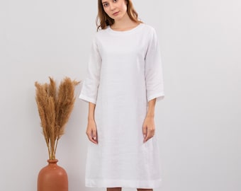 White Linen Midi Dress, 3/4 Sleeve Tunic with Pockets
