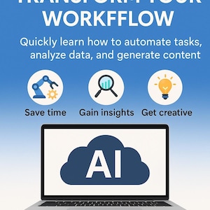 Peut inclure: Un ordinateur portable affiche un nuage avec les lettres "AI" en blanc. L'image promeut les outils d'IA pour transformer le flux de travail, avec des icônes pour gagner du temps, obtenir des informations et être créatif. Le bouton d'appel à l'action dit "GET STARTED NOW".