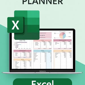 Puede incluir: Un portátil que muestra una hoja de cálculo de presupuesto de Excel. La pantalla muestra un plan financiero detallado con gráficos y tablas. El texto "SIMPLE BUDGET PLANNER" y "Excel BUDGET SPREADSHEET" es visible. También hay un icono verde de Excel.