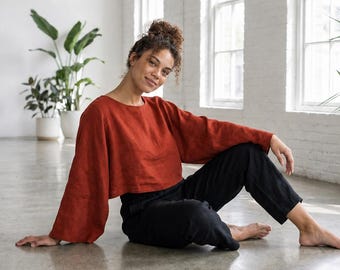 100% Linen Crop Top, Women's Linen Blouse, Boxy Linen Top, Wide Sleeve Linen Shirt, Boat Neck Top, Boho Summer Blouse