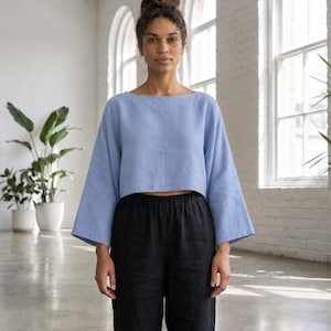 Puede incluir: Una blusa corta azul claro con mangas anchas y cuello barco, combinada con pantalones negros. La blusa est&aacute; hecha de una tela suave y fluida. El conjunto es sencillo y elegante, adecuado para ropa casual.