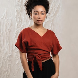 100% linen wrap top women,Linen v neck blouse top,Linen front tie top,Short sleeve linen top for women,Linen wrap blouse,Linen top plus size