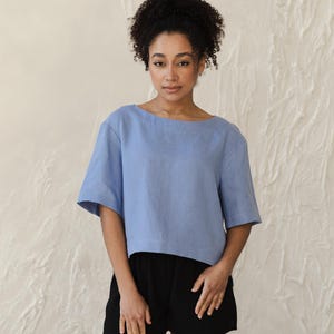 T-shirt da donna in lino 100%, top corto in lino da donna, top in lino con scollo a barca, top a maniche corte in lino, top largo in lino, top in lino taglie forti