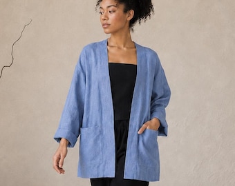 Cárdigan 100% lino, chaqueta kimono de lino, chaqueta de lino con frente abierto, cárdigan de lino extragrande, cárdigan ligero de verano con bolsillos.