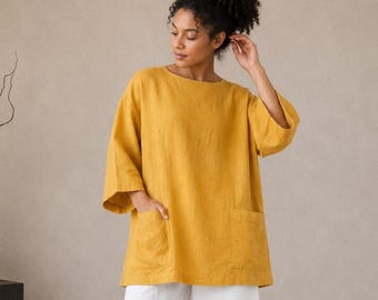 100% Leinen Oversized Tunika Top, Leinen Tunika mit Taschen, Lockere Leinen Bluse, Plus Größe Leinen Top, Boxy Leinenhemd