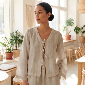100% Linen Tie Front Top, Women's Linen Blouse, V Neck Linen Top, Long Sleeve Linen Shirt, Boho Summer Top, Linen Cardigan image 1