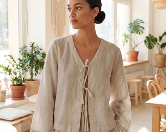 100% Linen Tie Front Top, Women's Linen Blouse, V Neck Linen Top, Long Sleeve Linen Shirt, Boho Summer Top, Linen Cardigan