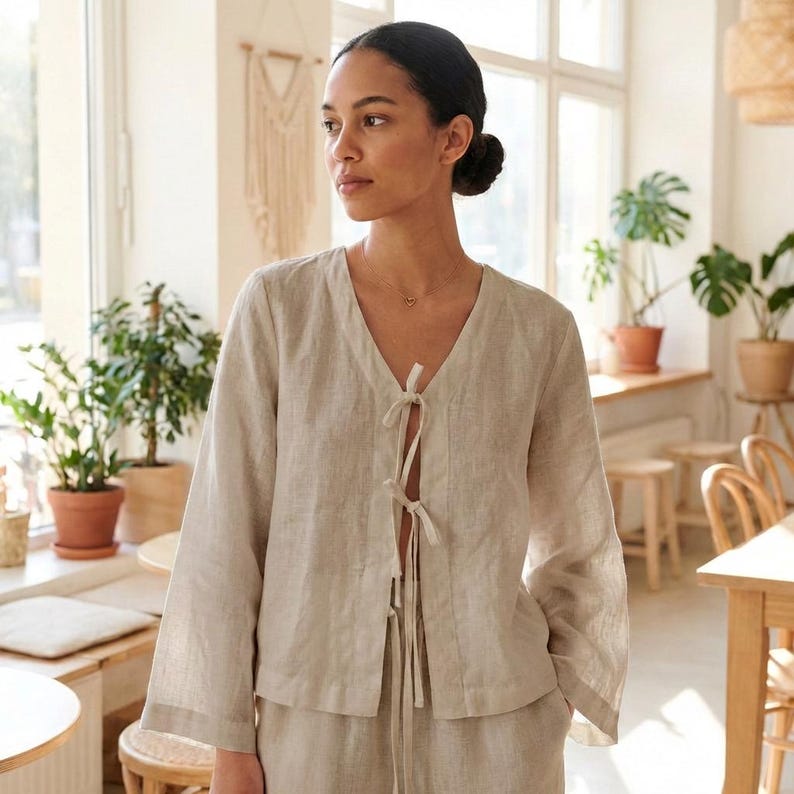 100% Linen Tie Front Top, Women's Linen Blouse, V Neck Linen Top, Long Sleeve Linen Shirt, Boho Summer Top, Linen Cardigan image 1