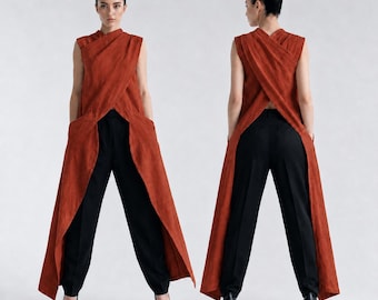 100% Leinen Avantgarde-Top, asymmetrische lange Leinenweste, ärmellose drapierte Tunika, Lagenlook-Minimalistenbluse für Frauen
