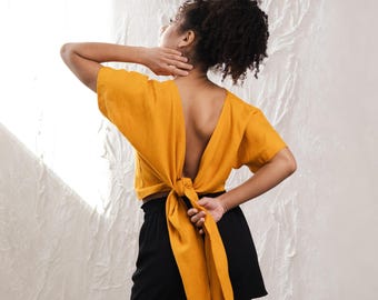 100% linen open back top women, Linen wrap top women, Back tie top, Reversible linen top, Linen v neck blouse top, Linen top plus size