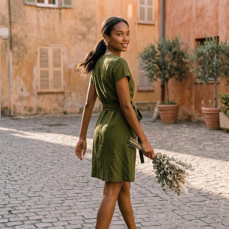Puede incluir: Una mujer con un vestido verde oliva de manga corta y cintur&oacute;n a juego. Sostiene un ramo de flores secas y camina por una calle adoquinada. El fondo muestra edificios con contraventanas y &aacute;rboles en macetas.