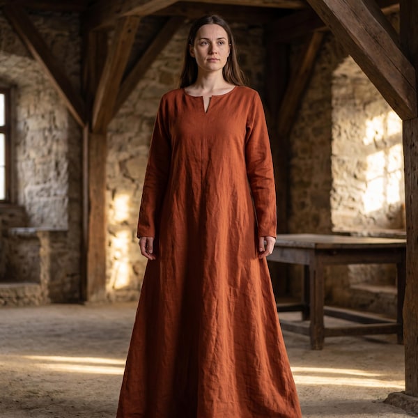 100% Linen Viking Dress, Medieval Linen Gown, Norse Costume, Renaissance Faire LARP Dress, Historical Reenactment Clothing