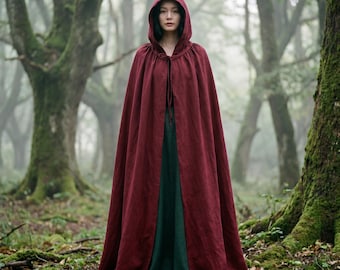 100% Linen Medieval Cloak With Hood, Hooded Cape, Renaissance LARP Costume, Fantasy Witch Wizard Viking Cloak, Maxi Cape Costume