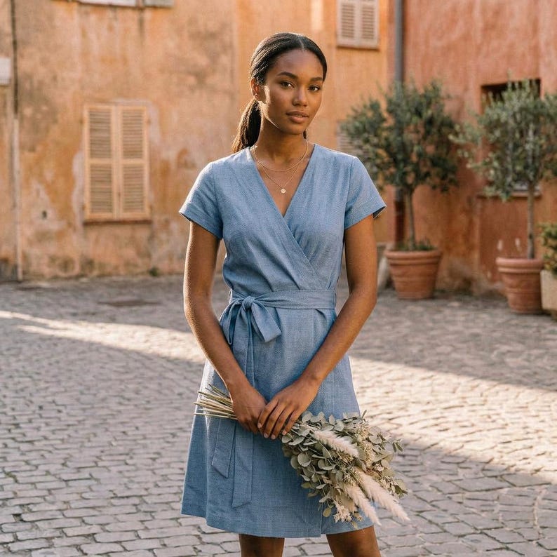 Puede incluir: Un vestido cruzado azul claro con mangas cortas y cintura anudada. El vestido est&aacute; hecho de una tela suave y lo lleva una persona que sostiene un ramo de flores secas. El fondo presenta una calle adoquinada y edificios.