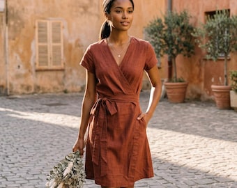 100% Leinen Wickelkleid, Sommerkleid mit V-Ausschnitt, Kurzarmkleid, Kleid mit Taschen, knielanges Kleid, Damen Leinenkleid