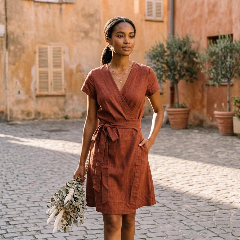Puede incluir: Un vestido cruzado de color &oacute;xido con mangas cortas y cintur&oacute;n a juego. El vestido presenta un escote en V y bolsillos. La persona sostiene un ramo de flores secas. El fondo muestra una calle adoquinada y edificios.