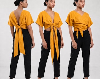 Top cruzado multiusos 100% lino, top corto convertible con lazo delantero o trasero, blusa reversible de lino, top bohemio de verano para mujer.