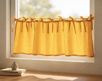 100% Pure linen cafe curtain, Kitchen cafe curtains, Living room valances, Bathroom cafe curtains sheer, Tie top cafe curtains