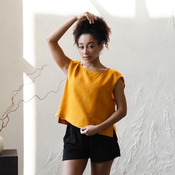 100% linen tops women, Pure linen top, Linen short sleeve tops, Linen top plus size, Linen loose top, Linen summer tops for women