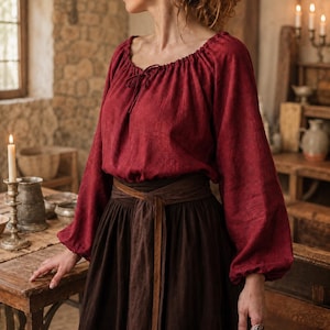 100% linnen middeleeuwse hemdblouse, renaissance boerenshirt, kostuumtop met pofmouwen, ren faire LARP-blouse, cottagecore-top
