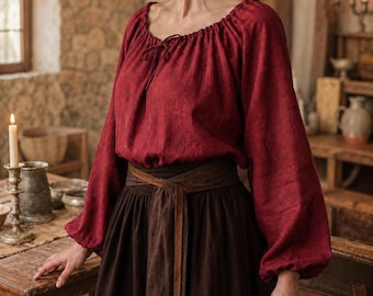 100% Linen Medieval Chemise Blouse, Renaissance Peasant Shirt, Puff Sleeve Costume Top, Ren Faire LARP Blouse, Cottagecore Top