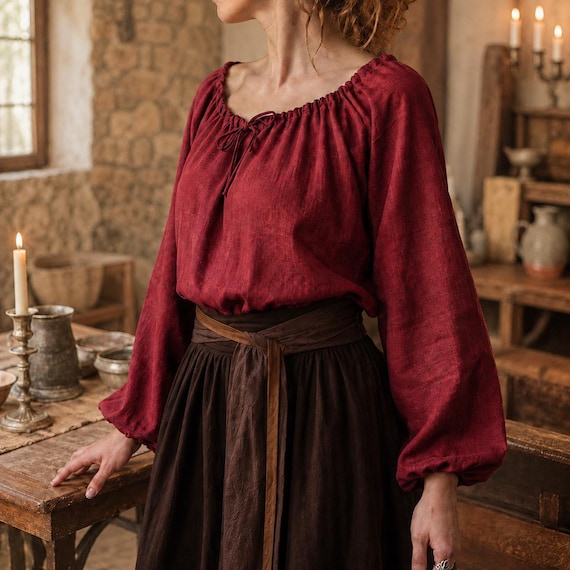 100% Linen Medieval Chemise Blouse, Renaissance Peasant Shirt, Puff Sleeve Costume Top, Ren Faire LARP Blouse, Cottagecore Top