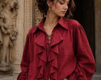 Camisa pirata 100% lino, blusa renacentista con volantes, camisa de poeta victoriano, top medieval con cordones, blusa para LARP de feria renacentista.