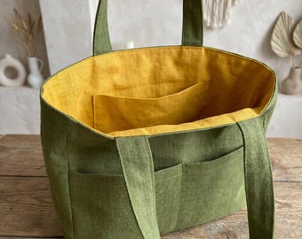 100% Linen Small Tote Bag, Linen Lunch Bag With Pockets, Reusable Market Bag, Eco Friendly Shopping Tote, Everyday Handbag