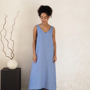100% linen v neck dress, Handmade linen dress, Maxi linen dress sleeveless, Simple linen dress, Pure linen dress long, Linen dress plus size