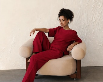 100% Linen top and pants set, Linen two piece set women, Linen matching sets pants, Linen top and trousers set, Linen summer set for women