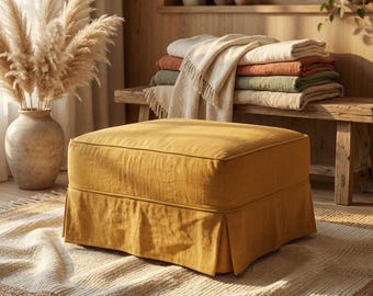 100% Linen Ottoman Slipcover, Custom footstool cover, Ottoman cover square, Ottoman slipcover skirted,Pouf cover square,Pouf cover rectangle