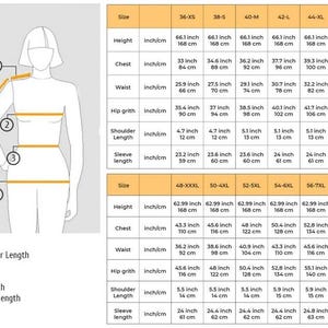 May include: Diagram showing clothing size measurements. The chart details height, chest, waist, hip girth, shoulder length, and sleeve length in inches and centimetres, with sizes from 36-XS to 56-7XL.