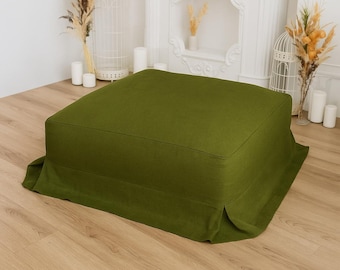 100% Linen Ottoman Slipcover, Custom footstool cover, Ottoman slipcover skirted, Ottoman cover square, Pouf cover square,Ottoman cover green