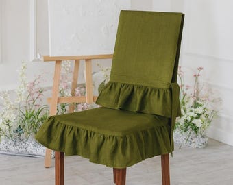 Französischer Leinen Stuhl Sitz & Rückenbezug, gerüschter Stuhl Sitzbezug, französische Leinen Stuhlröcke, Hochzeit Stuhlbezug, weiße Leinen Stuhlbezüge