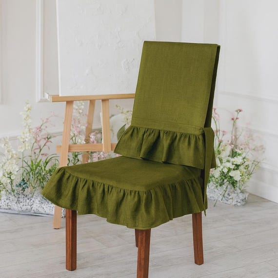 Französischer Leinen Stuhl Sitz & Rückenbezug, gerüschter Stuhl Sitzbezug, französische Leinen Stuhlröcke, Hochzeit Stuhlbezug, weiße Leinen Stuhlbezüge