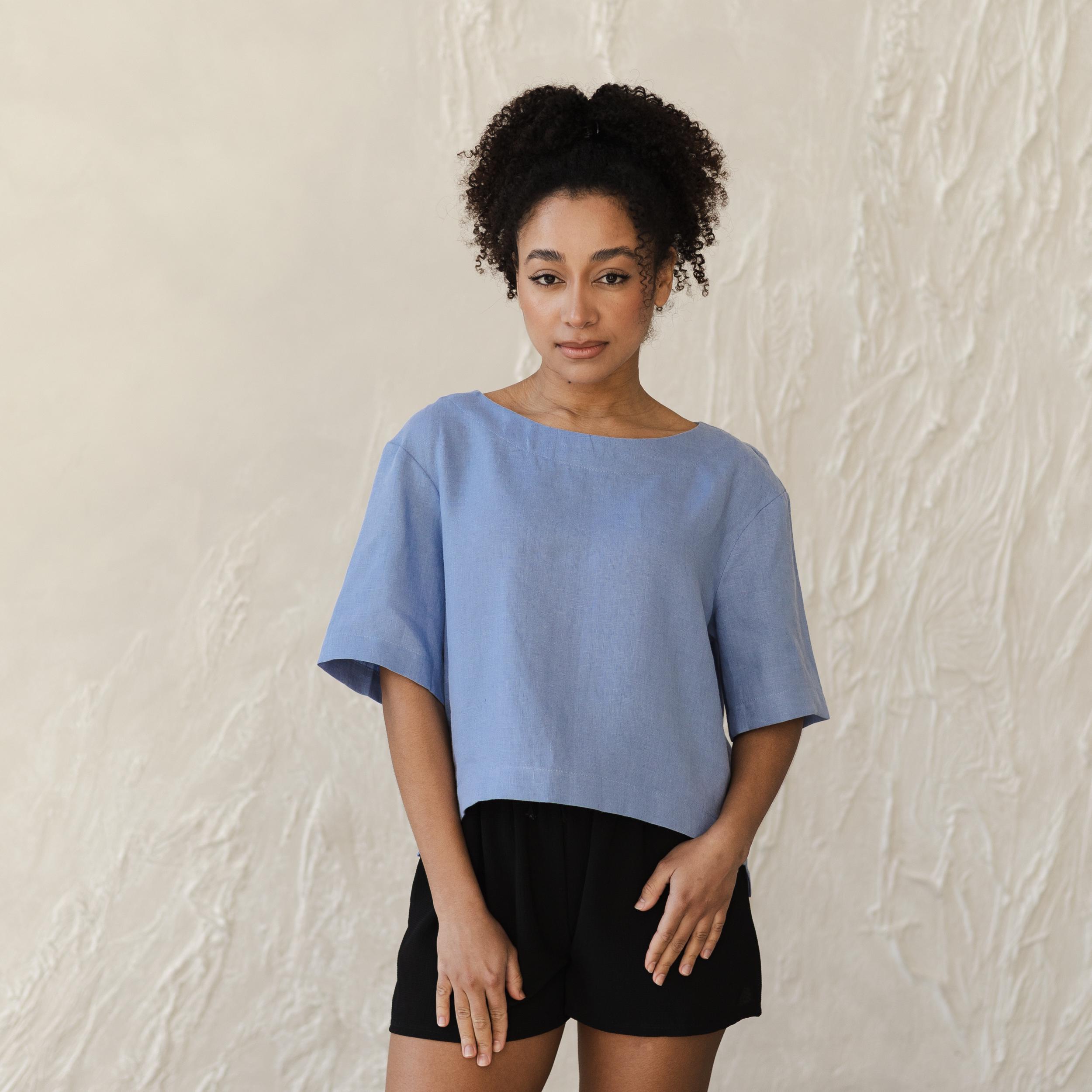 100% Linen t shirt women, Linen crop top women, Boat neck linen top, Linen short sleeve tops, Linen loose top, Linen top plus size