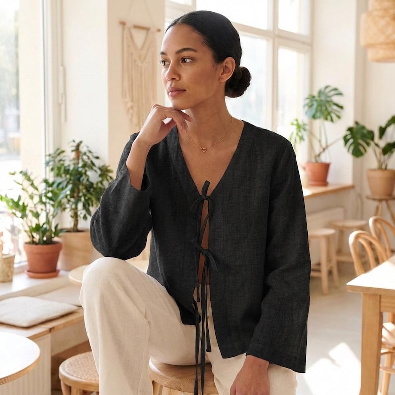 100% Linen Tie Front Top, Women's Linen Blouse, V Neck Linen Top, Long Sleeve Linen Shirt, Boho Summer Top, Linen Cardigan image 4