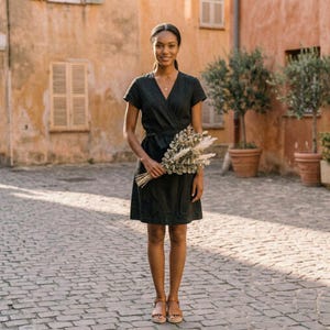 Puede incluir: Una mujer con un vestido cruzado negro con cintur&oacute;n a juego, sosteniendo un ramo de flores secas. El vestido tiene mangas cortas y cuello en V. Lleva sandalias marrones. El fondo muestra una calle adoquinada y edificios.