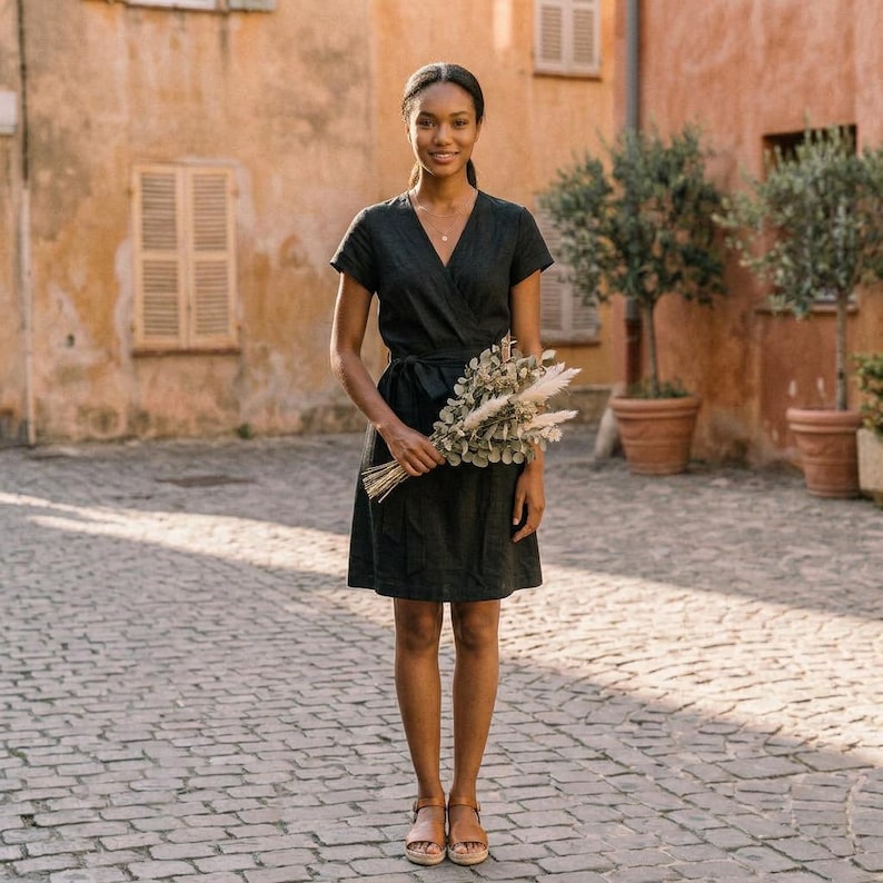 Puede incluir: Una mujer con un vestido cruzado negro con cintur&oacute;n a juego, sosteniendo un ramo de flores secas. El vestido tiene mangas cortas y cuello en V. Lleva sandalias marrones. El fondo muestra una calle adoquinada y edificios.