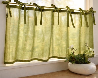 100% Pure linen cafe curtain, Tie top cafe curtains, Kitchen cafe curtains, Living room valances, Bathroom cafe curtains sheer