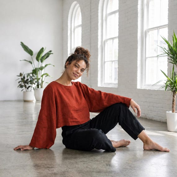 100% Linen Crop Top, Women's Linen Blouse, Boxy Linen Top, Wide Sleeve Linen Shirt, Boat Neck Top, Boho Summer Blouse