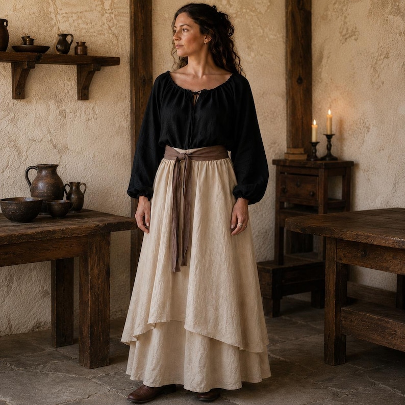 May include: A black long-sleeved blouse with a gathered neckline and tie closure paired with a floor-length beige layered skirt featuring a brown fabric belt tied at the waist. The skirt has a high-low hemline and a textured appearance.